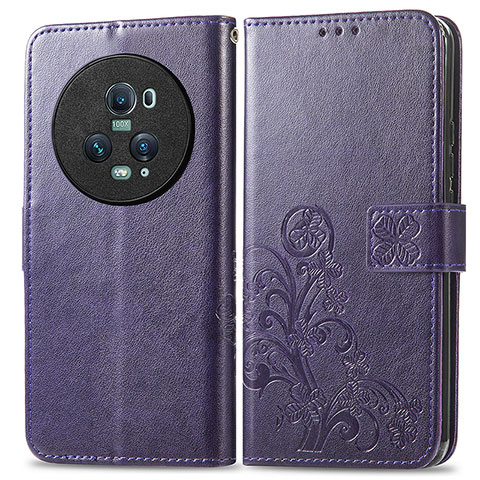 Funda de Cuero Cartera con Soporte Flores Carcasa para Huawei Honor Magic5 Pro 5G Morado