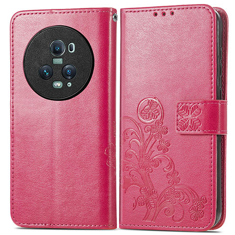 Funda de Cuero Cartera con Soporte Flores Carcasa para Huawei Honor Magic5 Pro 5G Rosa Roja