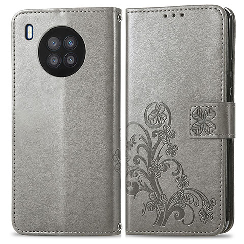 Funda de Cuero Cartera con Soporte Flores Carcasa para Huawei Nova 8i Gris