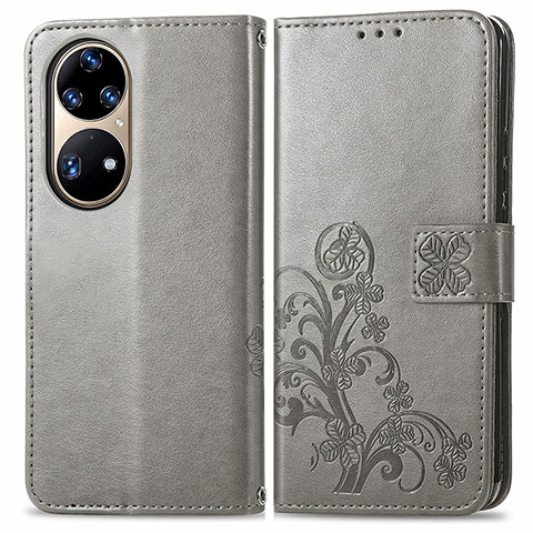 Funda de Cuero Cartera con Soporte Flores Carcasa para Huawei P50 Gris