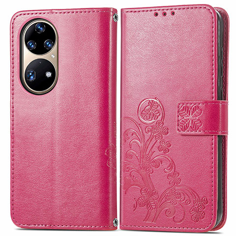 Funda de Cuero Cartera con Soporte Flores Carcasa para Huawei P50 Rojo