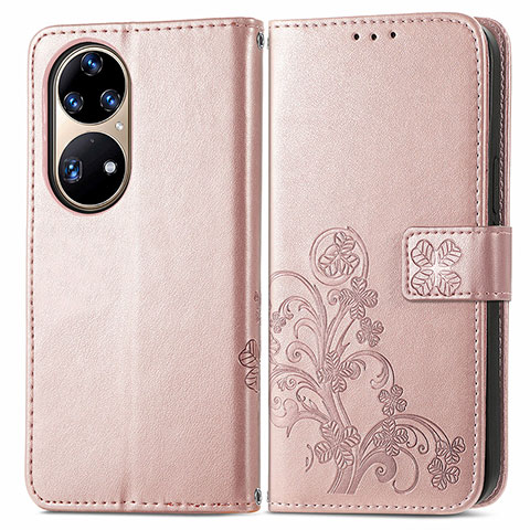 Funda de Cuero Cartera con Soporte Flores Carcasa para Huawei P50 Rosa