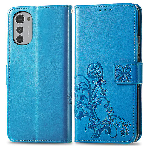 Funda de Cuero Cartera con Soporte Flores Carcasa para Motorola Moto E32 Azul