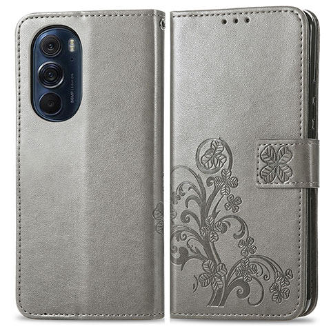 Funda de Cuero Cartera con Soporte Flores Carcasa para Motorola Moto Edge Plus (2022) 5G Gris