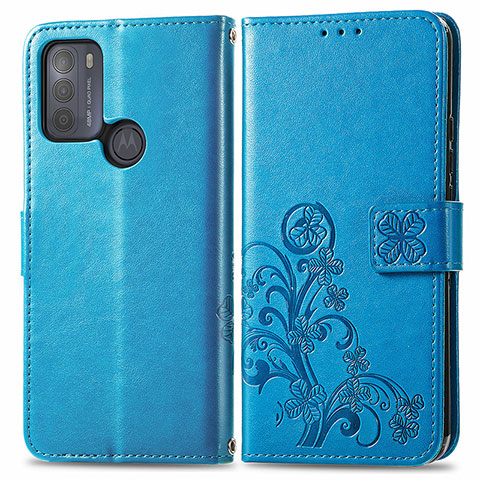 Funda de Cuero Cartera con Soporte Flores Carcasa para Motorola Moto G50 Azul