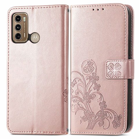 Funda de Cuero Cartera con Soporte Flores Carcasa para Motorola Moto G60 Rosa