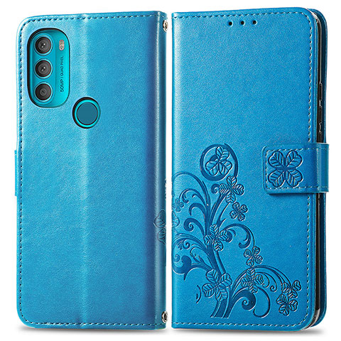 Funda de Cuero Cartera con Soporte Flores Carcasa para Motorola Moto G71 5G Azul