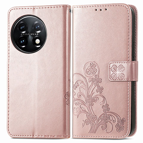 Funda de Cuero Cartera con Soporte Flores Carcasa para OnePlus 11 5G Oro Rosa