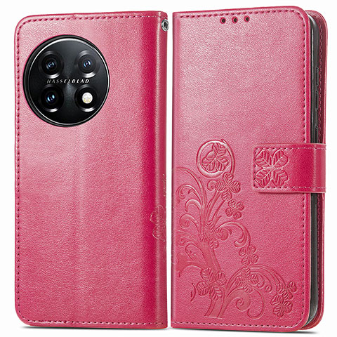 Funda de Cuero Cartera con Soporte Flores Carcasa para OnePlus 11 5G Rosa Roja