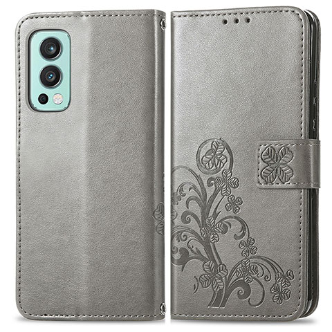 Funda de Cuero Cartera con Soporte Flores Carcasa para OnePlus Nord 2 5G Gris