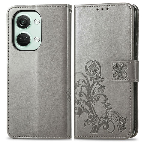 Funda de Cuero Cartera con Soporte Flores Carcasa para OnePlus Nord 3 5G Gris