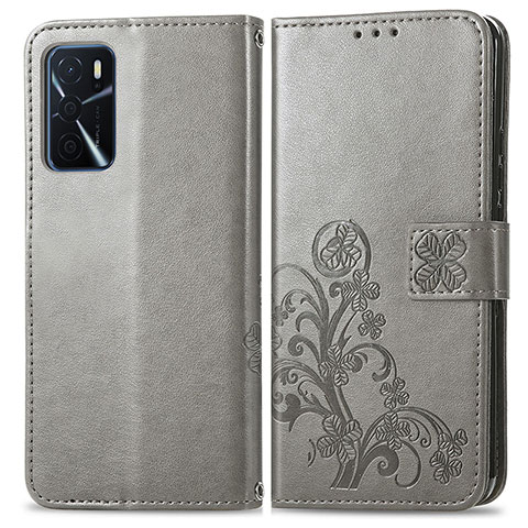 Funda de Cuero Cartera con Soporte Flores Carcasa para Oppo A16 Gris