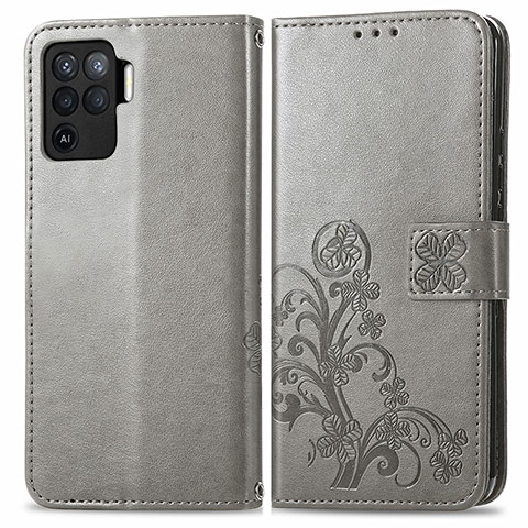 Funda de Cuero Cartera con Soporte Flores Carcasa para Oppo A94 4G Gris