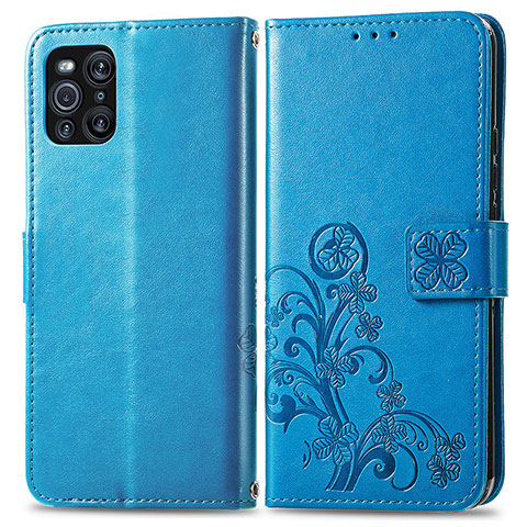 Funda de Cuero Cartera con Soporte Flores Carcasa para Oppo Find X3 5G Azul