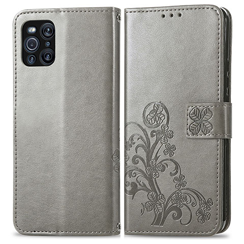 Funda de Cuero Cartera con Soporte Flores Carcasa para Oppo Find X3 Pro 5G Gris