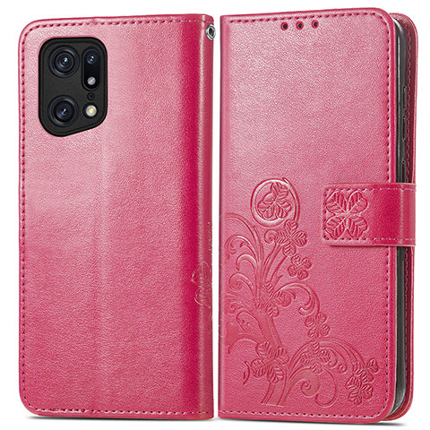 Funda de Cuero Cartera con Soporte Flores Carcasa para Oppo Find X5 5G Rojo