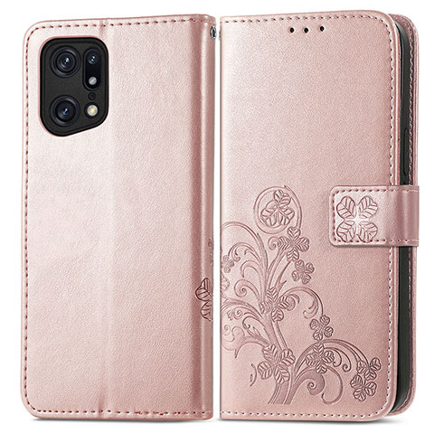 Funda de Cuero Cartera con Soporte Flores Carcasa para Oppo Find X5 5G Rosa