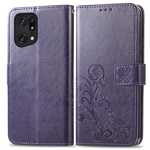 Funda de Cuero Cartera con Soporte Flores Carcasa para Oppo Find X5 Pro 5G Morado