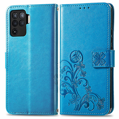 Funda de Cuero Cartera con Soporte Flores Carcasa para Oppo Reno5 F Azul