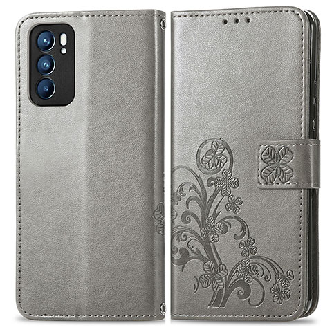 Funda de Cuero Cartera con Soporte Flores Carcasa para Oppo Reno6 5G Gris