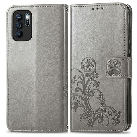 Funda de Cuero Cartera con Soporte Flores Carcasa para Oppo Reno6 Z 5G Gris