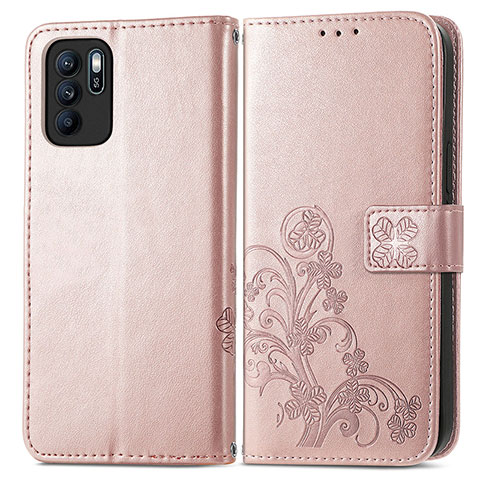 Funda de Cuero Cartera con Soporte Flores Carcasa para Oppo Reno6 Z 5G Rosa