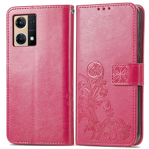 Funda de Cuero Cartera con Soporte Flores Carcasa para Oppo Reno7 4G Rojo