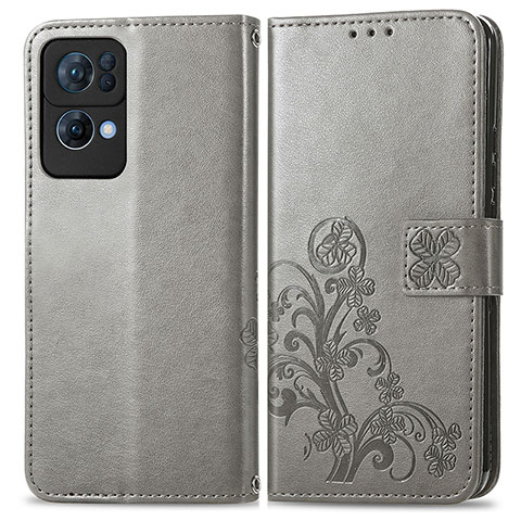 Funda de Cuero Cartera con Soporte Flores Carcasa para Oppo Reno7 Pro 5G Gris