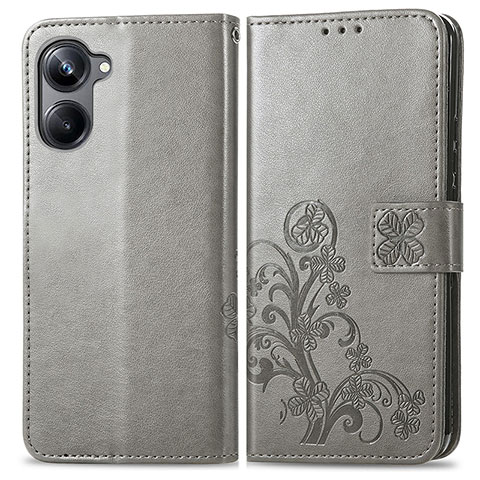 Funda de Cuero Cartera con Soporte Flores Carcasa para Realme 10 Pro 5G Gris