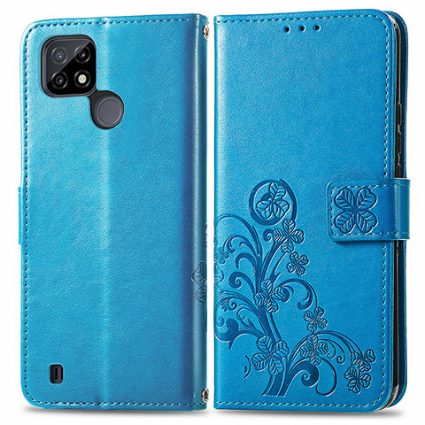 Funda de Cuero Cartera con Soporte Flores Carcasa para Realme C21 Azul