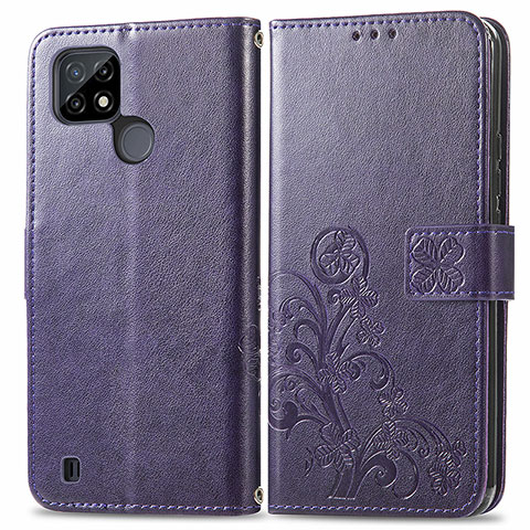 Funda de Cuero Cartera con Soporte Flores Carcasa para Realme C21Y Morado