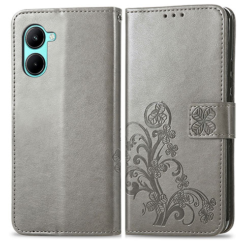 Funda de Cuero Cartera con Soporte Flores Carcasa para Realme C33 Gris