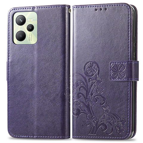 Funda de Cuero Cartera con Soporte Flores Carcasa para Realme C35 Morado