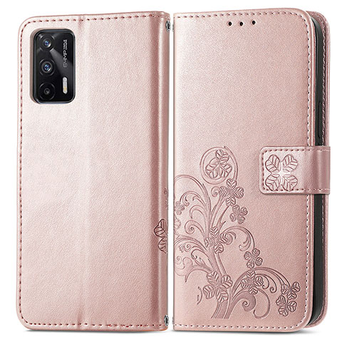 Funda de Cuero Cartera con Soporte Flores Carcasa para Realme GT Neo 2T 5G Oro Rosa