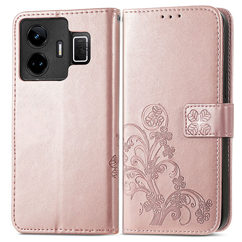 Funda de Cuero Cartera con Soporte Flores Carcasa para Realme GT Neo5 240W 5G Oro Rosa