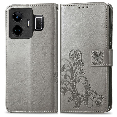 Funda de Cuero Cartera con Soporte Flores Carcasa para Realme GT5 5G Gris