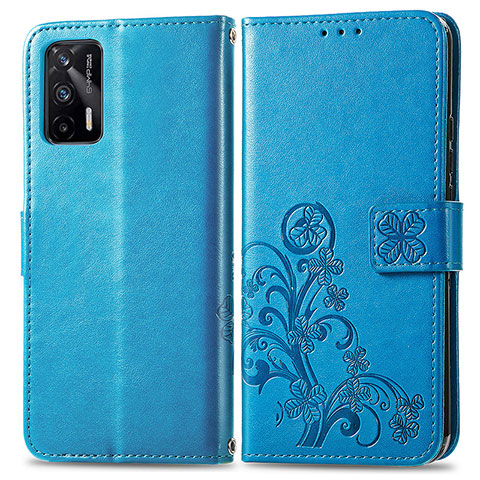 Funda de Cuero Cartera con Soporte Flores Carcasa para Realme Q3 Pro 5G Azul