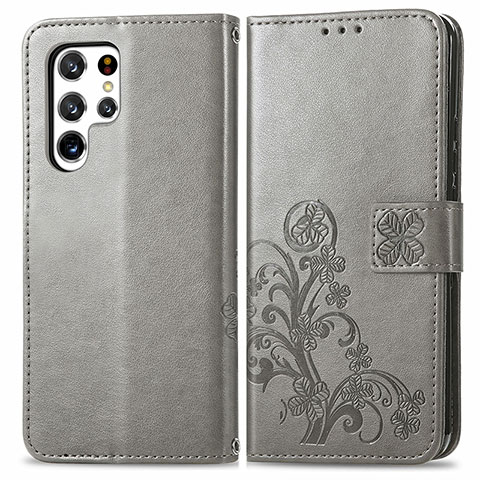 Funda de Cuero Cartera con Soporte Flores Carcasa para Samsung Galaxy S23 Ultra 5G Gris