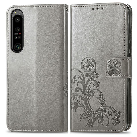 Funda de Cuero Cartera con Soporte Flores Carcasa para Sony Xperia 1 IV Gris