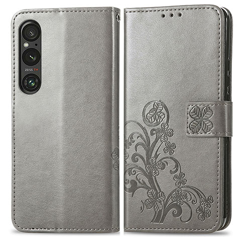 Funda de Cuero Cartera con Soporte Flores Carcasa para Sony Xperia 1 V Gris