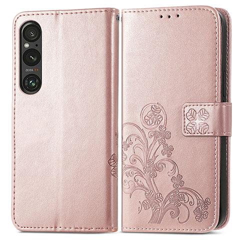 Funda de Cuero Cartera con Soporte Flores Carcasa para Sony Xperia 1 V Oro Rosa