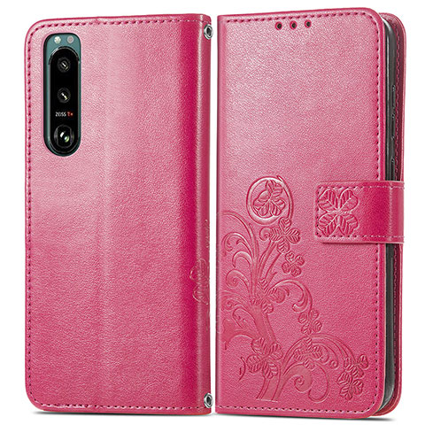 Funda de Cuero Cartera con Soporte Flores Carcasa para Sony Xperia 5 III Rojo