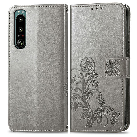 Funda de Cuero Cartera con Soporte Flores Carcasa para Sony Xperia 5 III SO-53B Gris