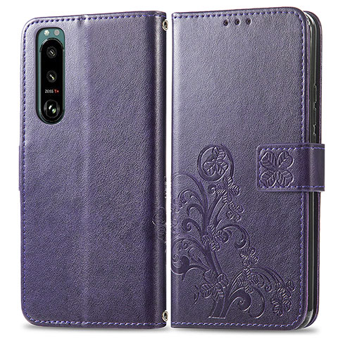 Funda de Cuero Cartera con Soporte Flores Carcasa para Sony Xperia 5 III SO-53B Morado