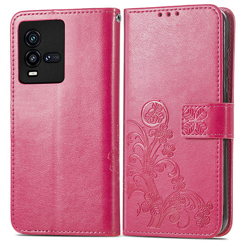 Funda de Cuero Cartera con Soporte Flores Carcasa para Vivo iQOO 9T 5G Rojo