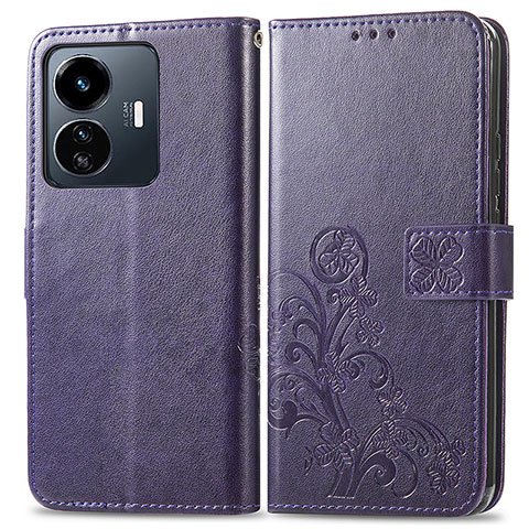 Funda de Cuero Cartera con Soporte Flores Carcasa para Vivo iQOO Z6 Lite 5G Morado