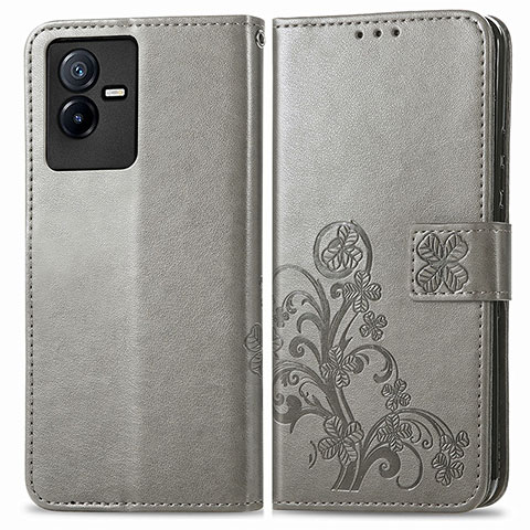 Funda de Cuero Cartera con Soporte Flores Carcasa para Vivo iQOO Z6x Gris