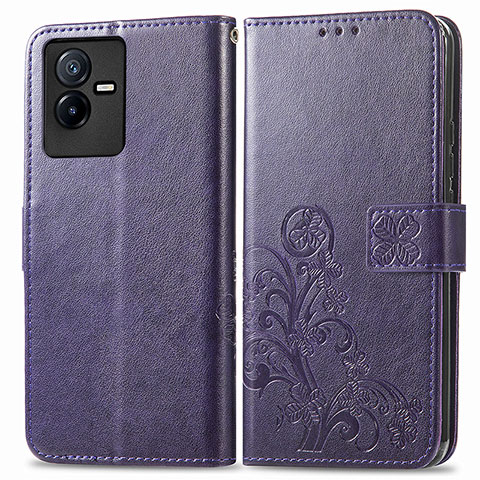 Funda de Cuero Cartera con Soporte Flores Carcasa para Vivo iQOO Z6x Morado