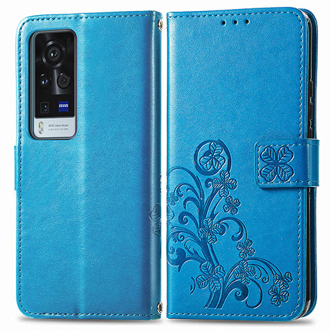 Funda de Cuero Cartera con Soporte Flores Carcasa para Vivo X60 Pro+ Plus 5G Azul