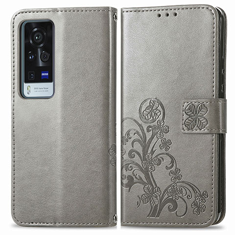 Funda de Cuero Cartera con Soporte Flores Carcasa para Vivo X60 Pro+ Plus 5G Gris